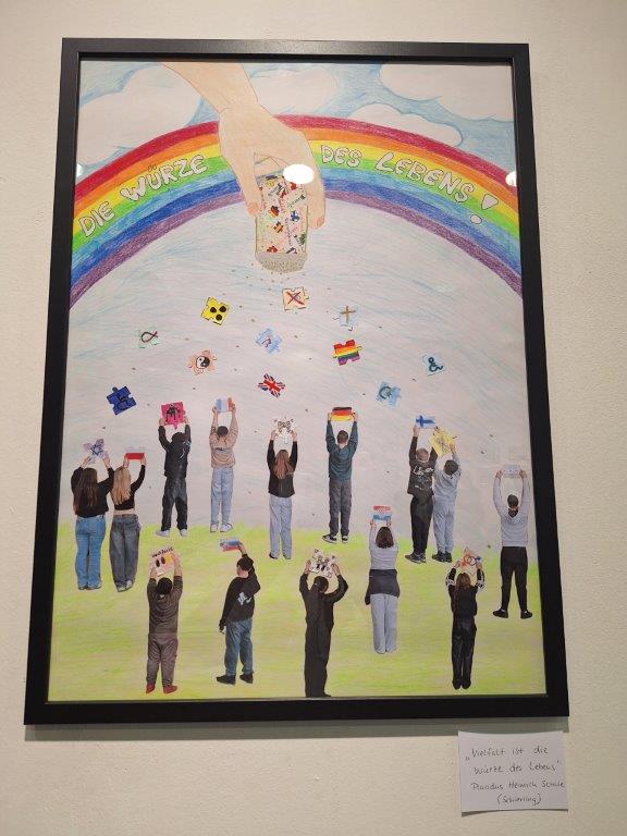 © ejsa Regensburg Das Bild zeigt ein Gemälde, bei dem in einer Kollage dargestellt wird, wie die Schülerinnen und Schüler mit Vielfalt gewürzt werden.